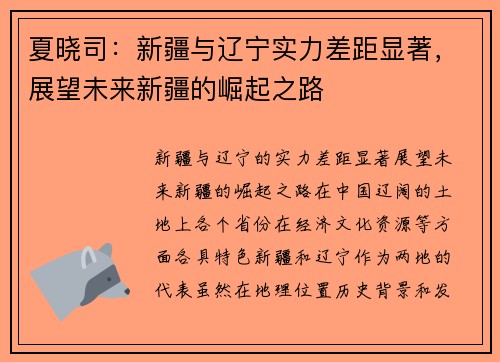 夏晓司：新疆与辽宁实力差距显著，展望未来新疆的崛起之路