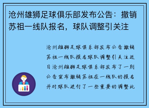 沧州雄狮足球俱乐部发布公告：撤销苏祖一线队报名，球队调整引关注