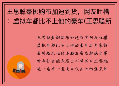 王思聪豪掷购布加迪到货，网友吐槽：虚拟车都比不上他的豪车(王思聪新买的布加迪)